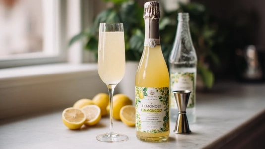 Limoncello-flaska, prosecco och sodavatten bredvid ett vinglas med jigger