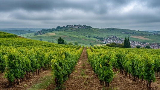 Vingård i Loire-dalen nära Sancerre med rader av vinstockar