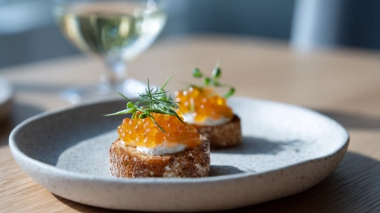 Löjrom på smörstekt krutong med crème fraîche till champagne