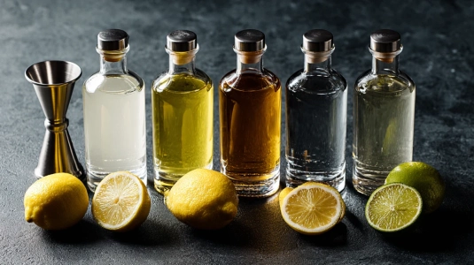 Fem spritflaskor uppställda bredvid jigger och färsk citron