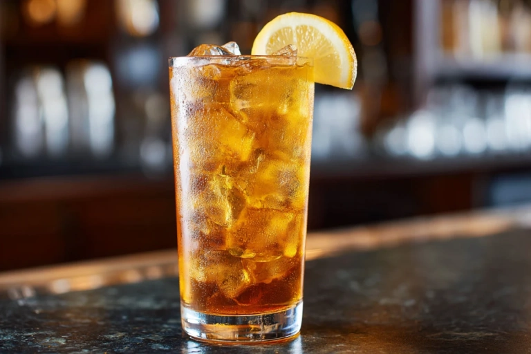 Färdig Long Island Iced Tea i highballglas med citronskiva