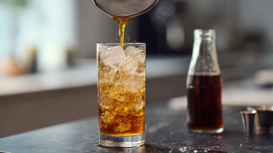 Drink silas genom finmaskig sil ner i highballglas med is