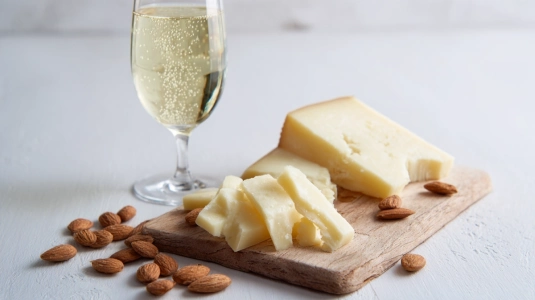 Manchego-ost och marcona-mandlar upplagda som tilltugg till cava