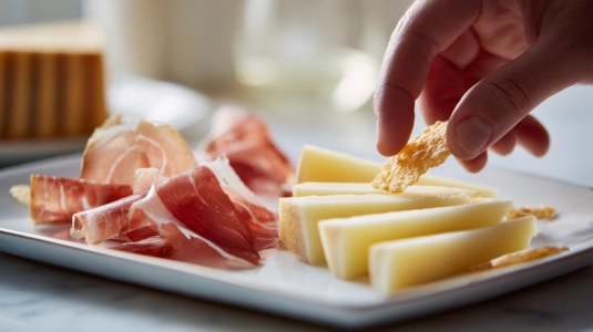 Skivor av manchego och serranoskinka på en enkel tallrik