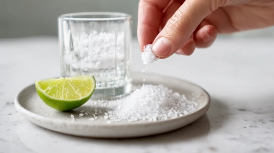 Glasets kant doppas i grovt salt för en margarita-saltrand