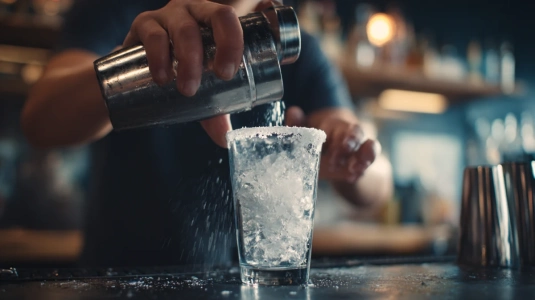 Händer som skakar en cocktailshaker med margarita och is