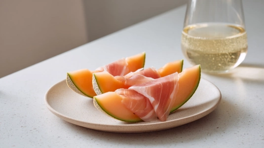 Melonskivor med tunt skivad parmaskinka som tilltugg till prosecco