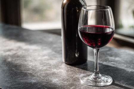 Glas merlot vin med mörk rubinröd färg bredvid en öppnad flaska