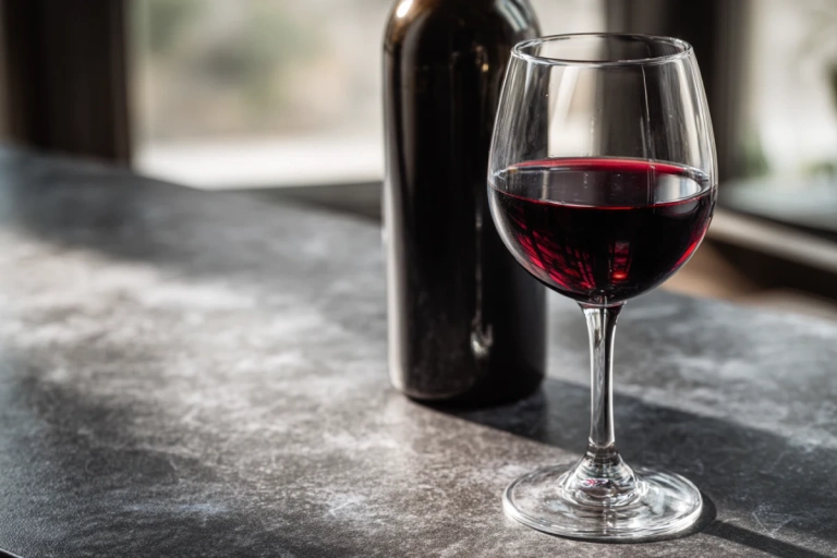 Glas merlot vin med mörk rubinröd färg bredvid en öppnad flaska