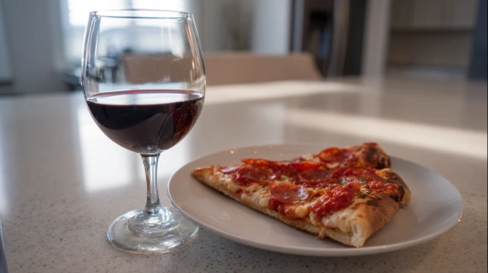 Mezzacorona Merlot Trentino bredvid en skiva pizza med tomatbas