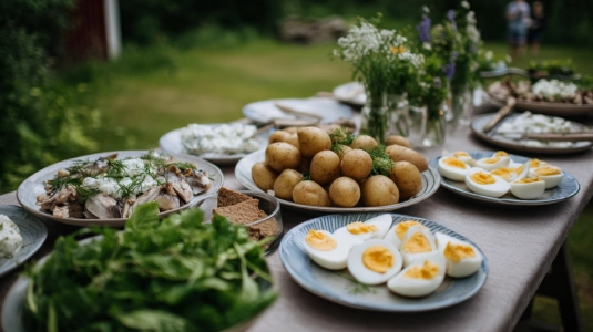Traditionellt midsommar-sillbord med sill, potatis, ägg och knäckebröd
