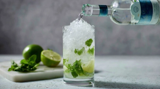 Vit rom hälls över krossad is i ett highballglas med mynta och lime