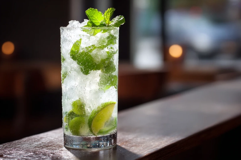 Klassisk mojito med krossad is, mynta och lime i highballglas