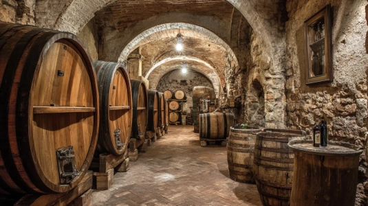 Vinkällare i Montalcino med ekfat för Brunello-lagring
