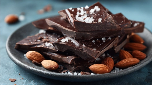 Bitar av mörk choklad med havssalt och rostade mandlar
