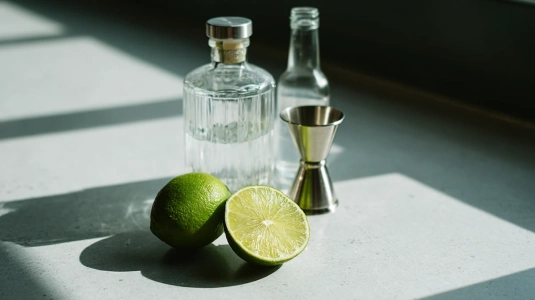 Vodka, ginger beer, lime och jigger uppställda för Moscow Mule