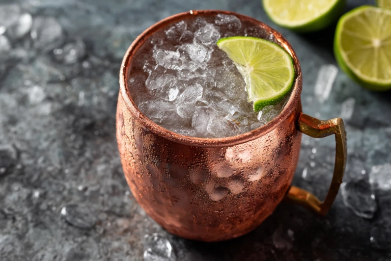Moscow Mule i kopparmugg med limeklyfta och is