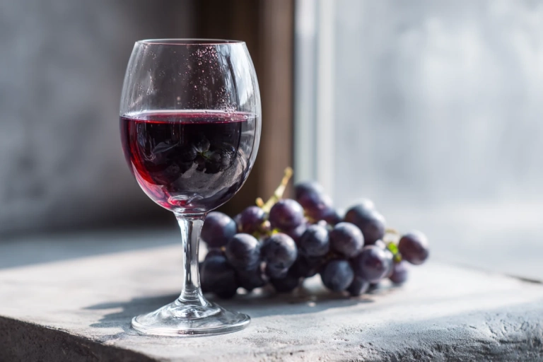 Glas med ofiltrerat naturvin bredvid mörka druvor