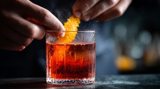 Fingrar som vrider en apelsintwist över en färdig Negroni så oljan frigörs