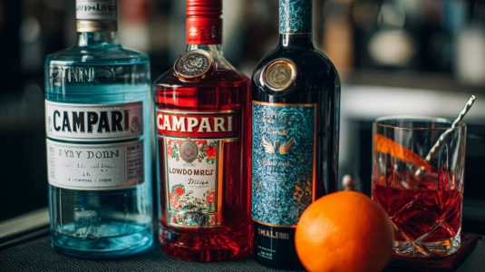 Flaskor med gin, Campari och röd vermouth bredvid ett mixglas och barsked