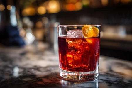 Klassisk Negroni i tumblerglas med stor isbit och apelsintwist