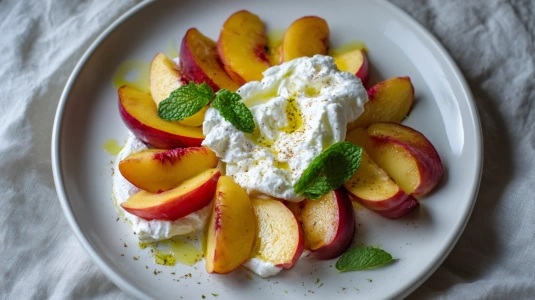 Skivade nektariner med burrata och olivolja på en tallrik
