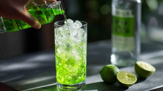 Vaniljvodka och Sourz Apple hälls över is i ett highballglas