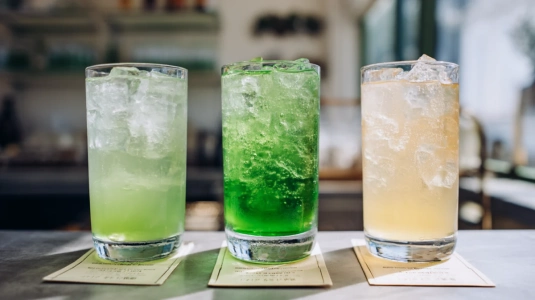 Tre varianter av P2-drinken med olika blandare i highballglas