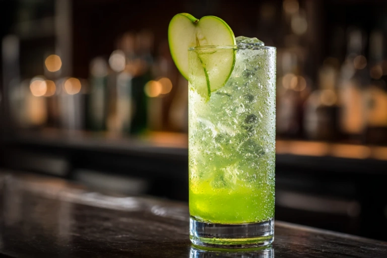 P2-drink i highballglas med is och grön nyans från Sourz Apple