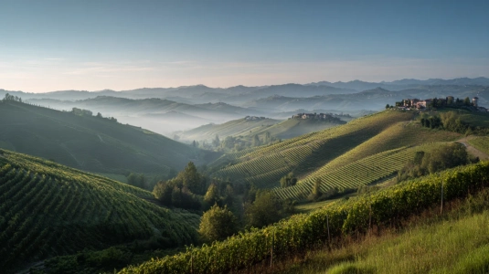Piemontes vinkullar runt La Morra med morgondimma över Nebbiolo-odlingar