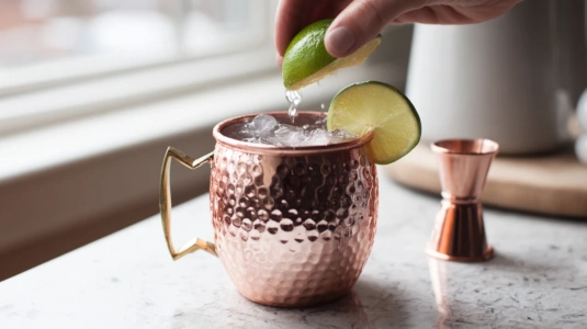 Hand som pressar en halv lime över vodka och is i kopparmugg
