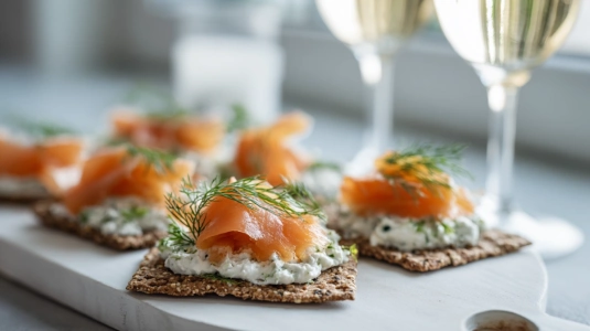 Rågkex toppade med färskostkräm och gravad lax på en enkel bricka