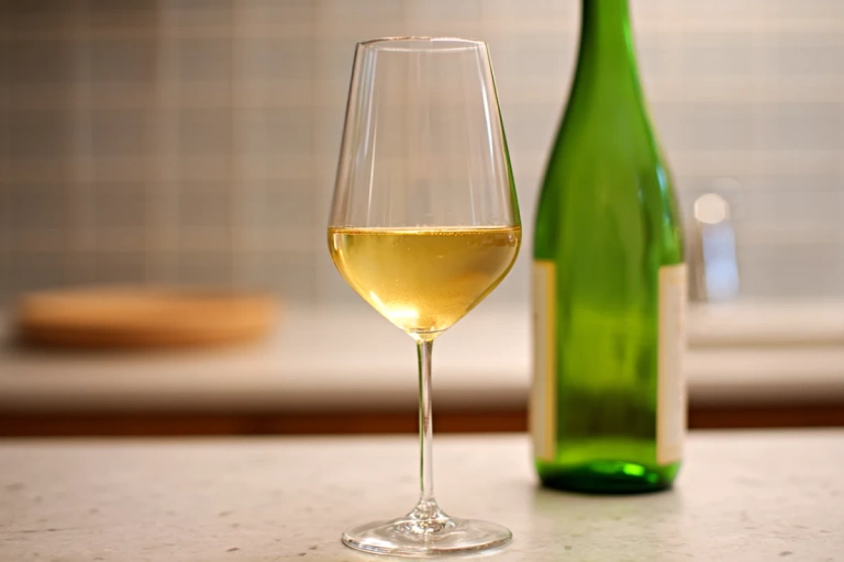 Glas med ljusgul riesling bredvid en grön flaska