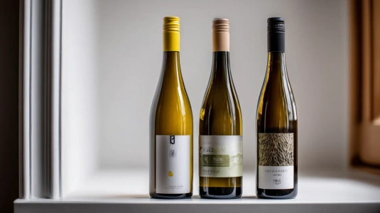Tre flaskor riesling i olika prisklasser uppställda på en hylla