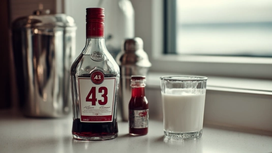 Licor 43, vodka, mjölk och grenadine uppställda bredvid en shaker