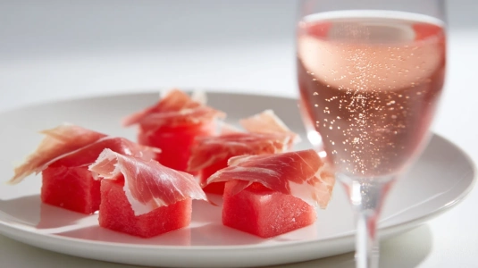 Serranoskinka med vattenmelon och ett glas rosé cava