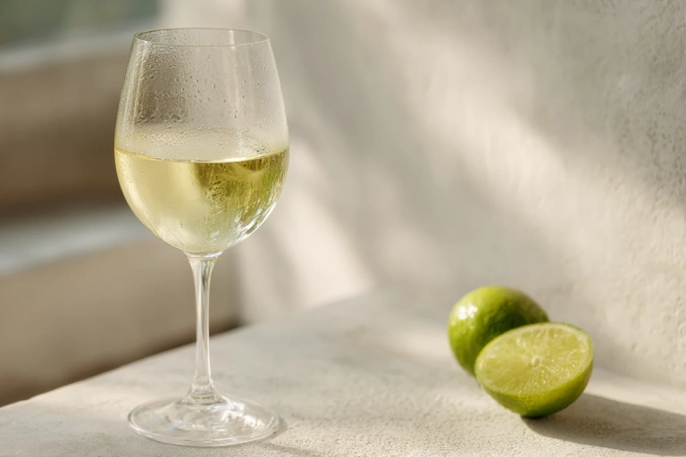 Glas Sauvignon Blanc med ljusgul färg bredvid skivad lime