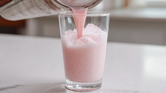 Rosa drink som silas från shaker ner i ett highballglas med is