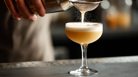 Whiskey Sour silas genom finmaskig sil ner i ett coupeglas