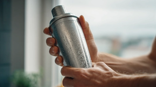 Händer som skakar en cocktailshaker med is för pornstar martini