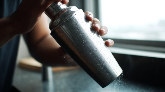 Händer som skakar en cocktailshaker med Rosa Pantern-ingredienser