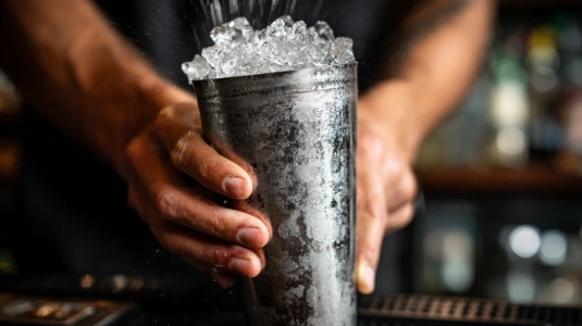 Händer som skakar en bostonshaker med is för Whiskey Sour