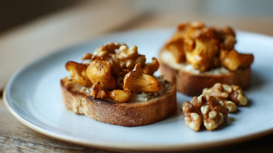 Crostini med stekta kantareller på en enkel tallrik