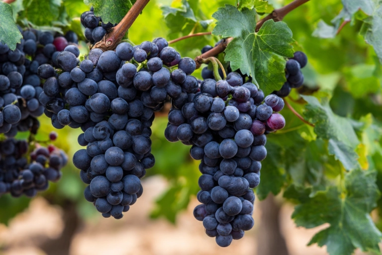 Mogna mörka syrah-druvor på vinstock