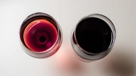 Två glas rödvin sida vid sida – ett stramare syrah och ett mörkare shiraz