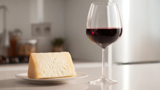 Glas rött vin bredvid en bit Manchego-ost
