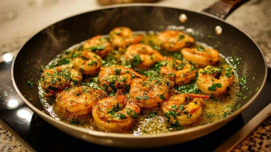 Smörstekt scampi i panna med vitlök och örter