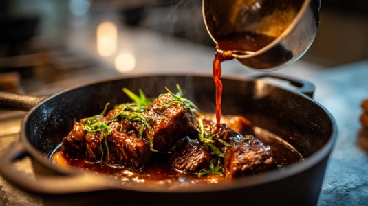 Mörk rödvinssås hälls över brässerat kött i en gjutjärnsgryta