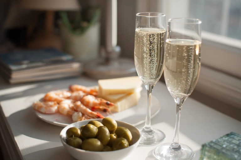 Uppdukat bord med cava i glas och spanska tilltugg som manchego, oliver och räkor