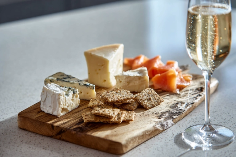 Fat med ost, rökt lax och knäckebröd som tilltugg till fördrink